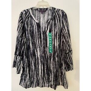 Gloria Vanderbilt Size XL Black White Abstract Bell Sleeve Boho Popover Top